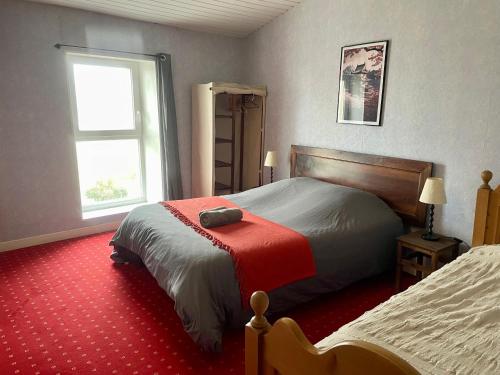 - une chambre avec 2 lits et un tapis rouge dans l'établissement Les Gites de La Vieille Roue - Gite 2, à Reignac
