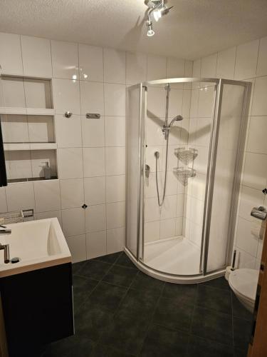a bathroom with a shower and a sink at Ferienwohnung Astl in Kirchdorf in Tirol