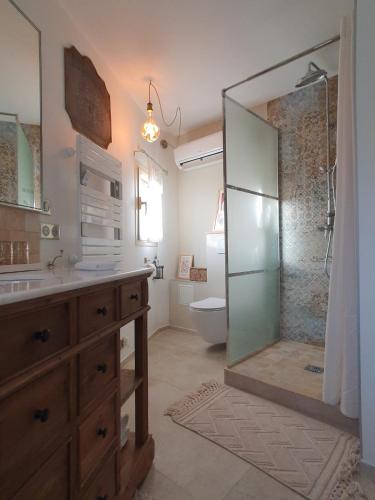 une salle de bain avec une douche, un lavabo et des toilettes dans l'établissement Le Mas des Aires - Chambres d'Hôtes - Blauzac -Uzès - Pont du Gard, à Blauzac