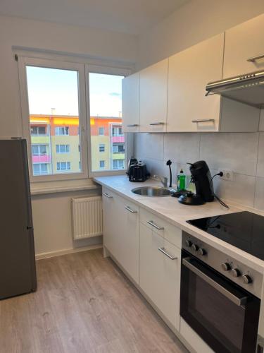 een keuken met een wastafel en een fornuis top oven bij Appartement zwischen Messe und Innenstadt in Leipzig