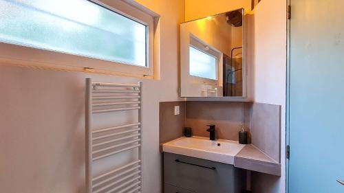 a bathroom with a sink and a mirror at Jolie maison avec parking et jardin au cœur de Loix in Loix