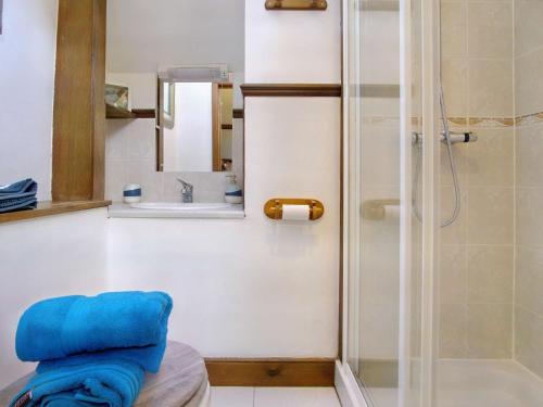 a bathroom with a shower and a blue towel at 4 Bed in Cowes 88913 in Porchfield