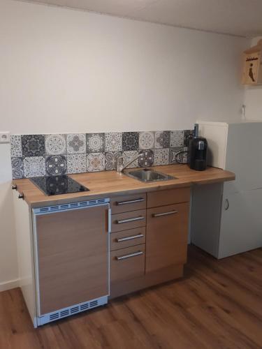a kitchen with a sink and a counter top at Auszeit auf dem Land in Maierhöfen