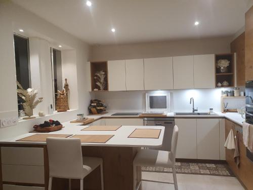 une cuisine avec des armoires blanches et un comptoir dans l'établissement Chambre double accueillante avec douche privative, à Écully