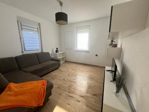 ein Wohnzimmer mit einem Sofa und einem TV in der Unterkunft Gemütliche 2 Z. Wohnung mit Charme in Trossingen