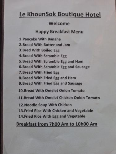 a menu for the kekunik boutique hotel at Le KhounSok Boutique Hotel in Luang Prabang