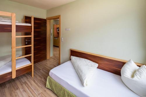 a bedroom with two bunk beds and a ladder at Apparthaus & Chalets Hofer in Zell am Ziller