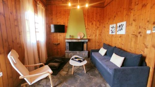 a living room with a blue couch and a fireplace at EVIA FOREST VILLAGE in Pappádhes