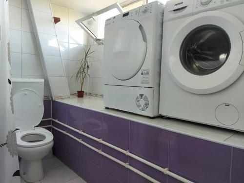 a bathroom with a washing machine and a toilet at Merter Apartments in Kavadarci