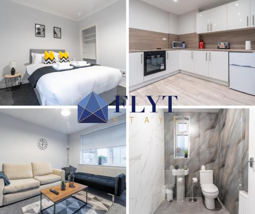 a collage of photos of a bedroom and a living room at Kirkview Apartment in Kirk of Shotts