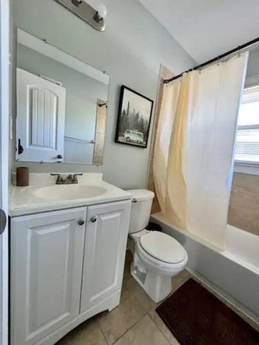 a bathroom with a toilet and a sink and a mirror at Modern 2-story apt w/ high speed Wi-Fi & Patio! in Charlotte