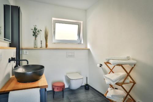 a small bathroom with a sink and a toilet at Ferienwohnung Hohenstein in Murrhardt