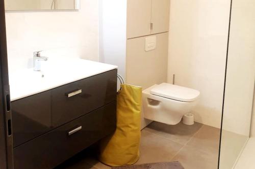 une salle de bain avec un lavabo et des toilettes dans l'établissement Appartement au cœur de Porto Vecchio, wi-fi, à Porto-Vecchio