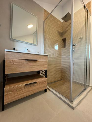 uma casa de banho com um chuveiro e um lavatório. em EPIC Vila Brașov, Cristian em Brasov