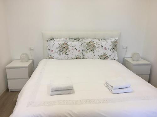 1 cama blanca con 2 almohadas y toallas en Dora Relax en Turín