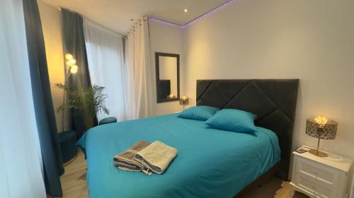 a bedroom with a blue bed with blue pillows at By nuit-parisienne Villemomble joli appartement tout confort in Villemomble