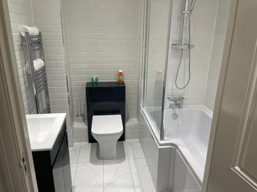 La salle de bains est pourvue de toilettes, d'un lavabo et d'une douche. dans l'établissement Jdb Romford Apt - Cosy 2 Bedroom with parking, à Harold Wood