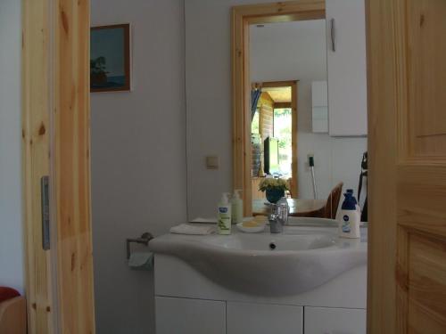 a bathroom with a sink and a mirror at NEU! Anitas Ostseefewo Nähe Lübeck in Zarpen