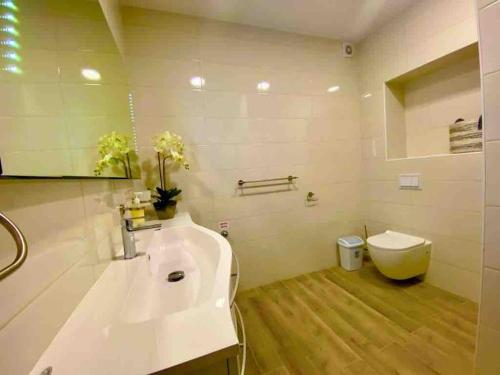 uma casa de banho com um lavatório branco e um WC. em Harbour View House em Zaton