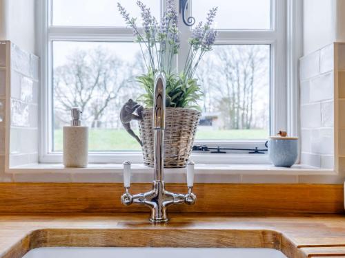 a kitchen sink with a vase of flowers on a window at 2 Bed in Audlem 81106 in Audlem