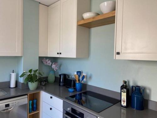 Una cocina con gabinetes blancos y encimera. en Modern city townhouse with rooftop terrace, en Ciudad del Cabo