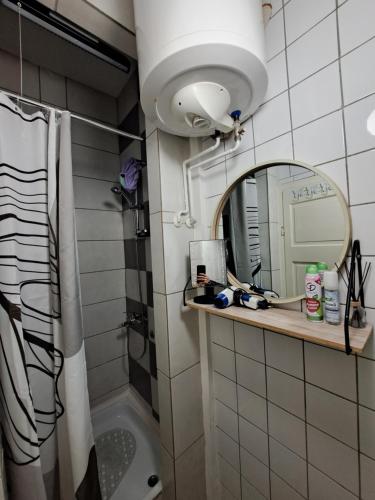 a bathroom with a shower and a mirror at Apartman Vitas in Slavonski Brod