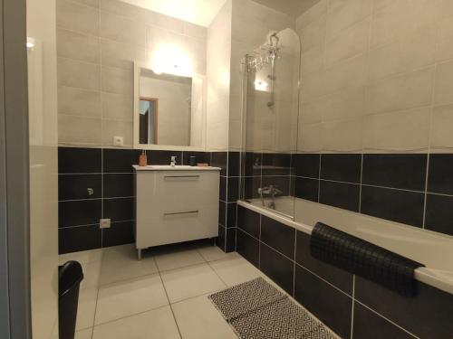 a bathroom with a sink and a tub and a mirror at Nature Montagn view Salève Geneva - 12 pers. 2 logements in Beaumont
