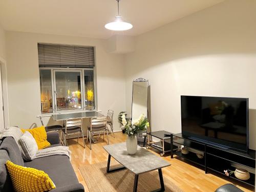 ein Wohnzimmer mit einem Sofa und einem Flachbild-TV in der Unterkunft Modern Apartment at Temple Bar with River View in Dublin