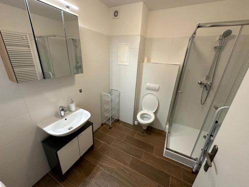 a bathroom with a sink and a shower and a toilet at 1 room Apartment with balcony, Nálepkova 4/6 in Liptovský Mikuláš