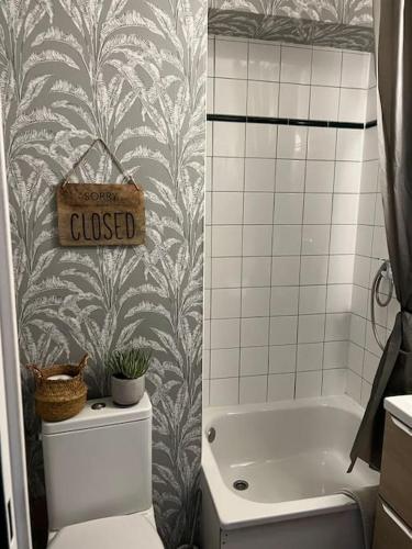 La salle de bains est pourvue de toilettes, d'une baignoire et d'un panneau mural. dans l'établissement HSH FRANCE LOCATION Disney Land PARIS - Suite Nicolas - Appartement de charme, à Bussy-Saint-Georges