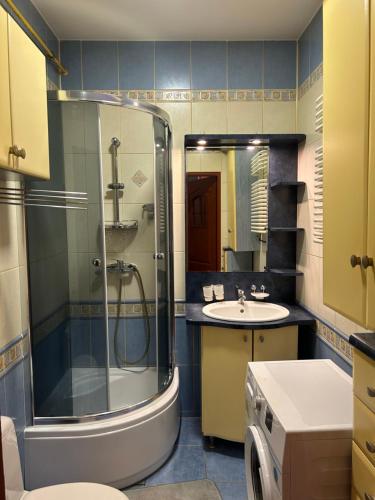 ein Bad mit einer Dusche und einem Waschbecken in der Unterkunft Apartament Ludźmierska Nowy Targ in Nowy Targ
