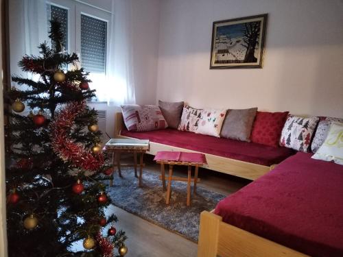 a living room with a christmas tree and a couch at Holiday House Provance in Brod na Kupi
