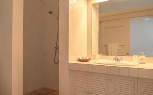 a bathroom with a sink and a shower with a mirror at Saint Barth Villa 15 in Pointe Milou
