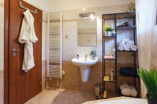 ein Bad mit einem Waschbecken und einem Spiegel in der Unterkunft Vila Rozinka Lipno in Lipno nad Vltavou
