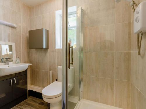 ein Bad mit einer Dusche, einem WC und einem Waschbecken in der Unterkunft 2 Bed in Bridport 88614 in Chideock