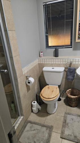 a bathroom with a toilet with a wooden seat at SS Luxury Apartments in Cape Town