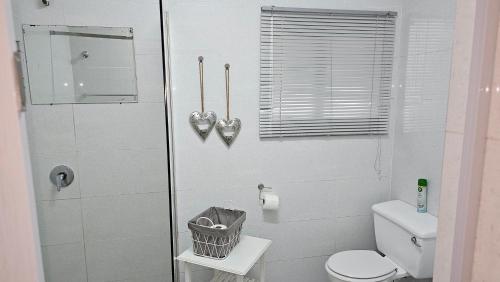 a white bathroom with a shower and a toilet at The Haven: Make our Home your Home in Estcourt