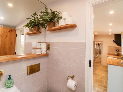 uma casa de banho com um chuveiro e um lavatório. em Pilchard Cottage em Dawlish