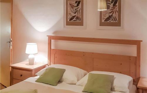 1 dormitorio con 1 cama con 2 almohadas verdes en Gorgeous Home In Cabrunici With Outdoor Swimming Pool, en Čabrunići