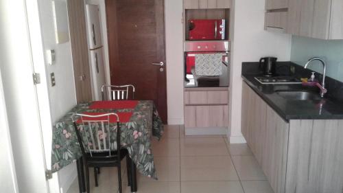 uma cozinha com uma mesa e uma cozinha com um lavatório em DESCANSO DEL VIAJERO 2 em Santiago