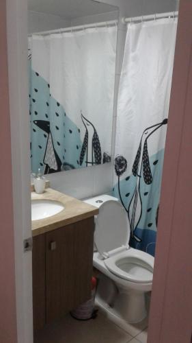 ein Badezimmer mit einem WC, einem Waschbecken und einem Duschvorhang in der Unterkunft DESCANSO DEL VIAJERO 2 in Santiago