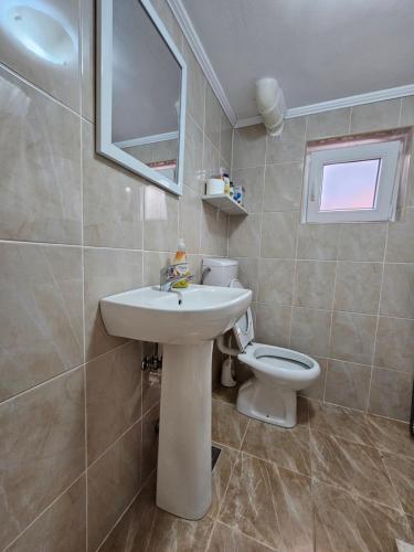 uma casa de banho com um lavatório e um WC em Apartmani Radman em Igalo