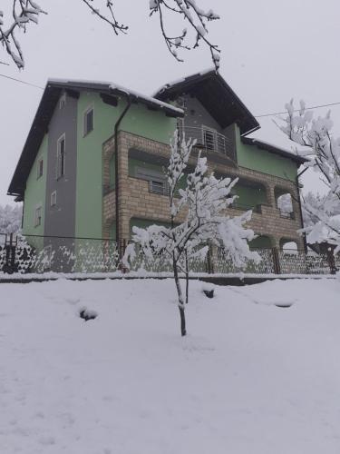 a house covered in snow with a tree in the foreground at Apartman Silvija in Otočac
