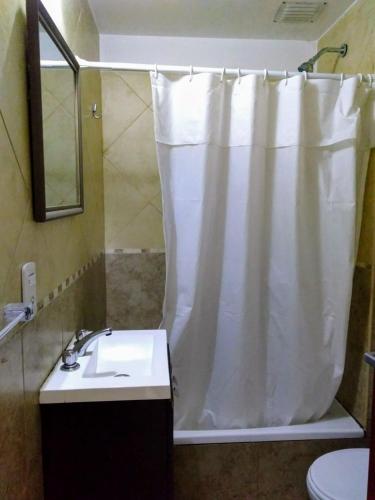 a bathroom with a shower curtain and a sink at Depto En Rosario in Rosario