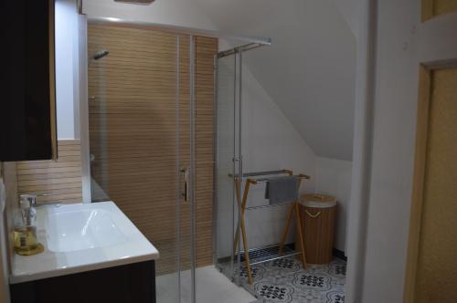 La salle de bains est pourvue d'une douche en verre et d'un lavabo. dans l'établissement Les embruns, maison neuve près des plages, à Asnelles