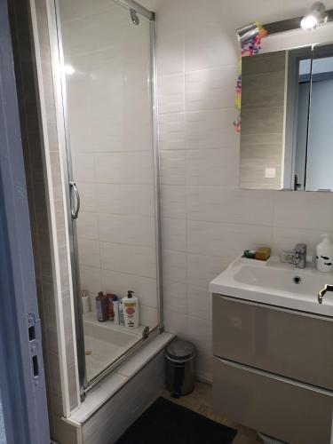 une salle de bain avec douche et lavabo dans l'établissement La lueur des marées - Appartement lumineux proche de la mer, à Sérignan