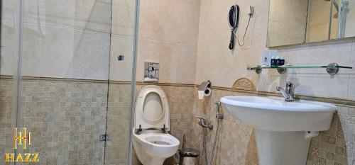 巴庫的住宿－Haz Boutique Hotel Baku，一间带卫生间和水槽的浴室