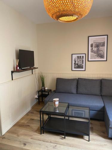 Sala de estar con sofá azul y mesa de centro en Henri’s Place, en Toulouse
