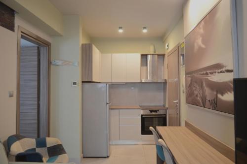 uma cozinha com um frigorífico de aço inoxidável e uma mesa em Thess1home Apartments em Tessalónica
