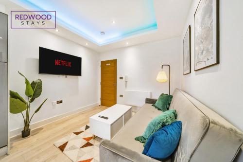 ein Wohnzimmer mit einem Sofa und einem TV in der Unterkunft BRAND NEW, 1 Bed 1 Bath, Modern Town Center Apartment, FREE Parking, Netflix By REDWOOD STAYS in Aldershot
